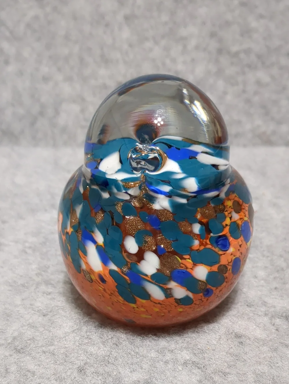 Art Glass Bird Clear, Orange Blue Paperweight